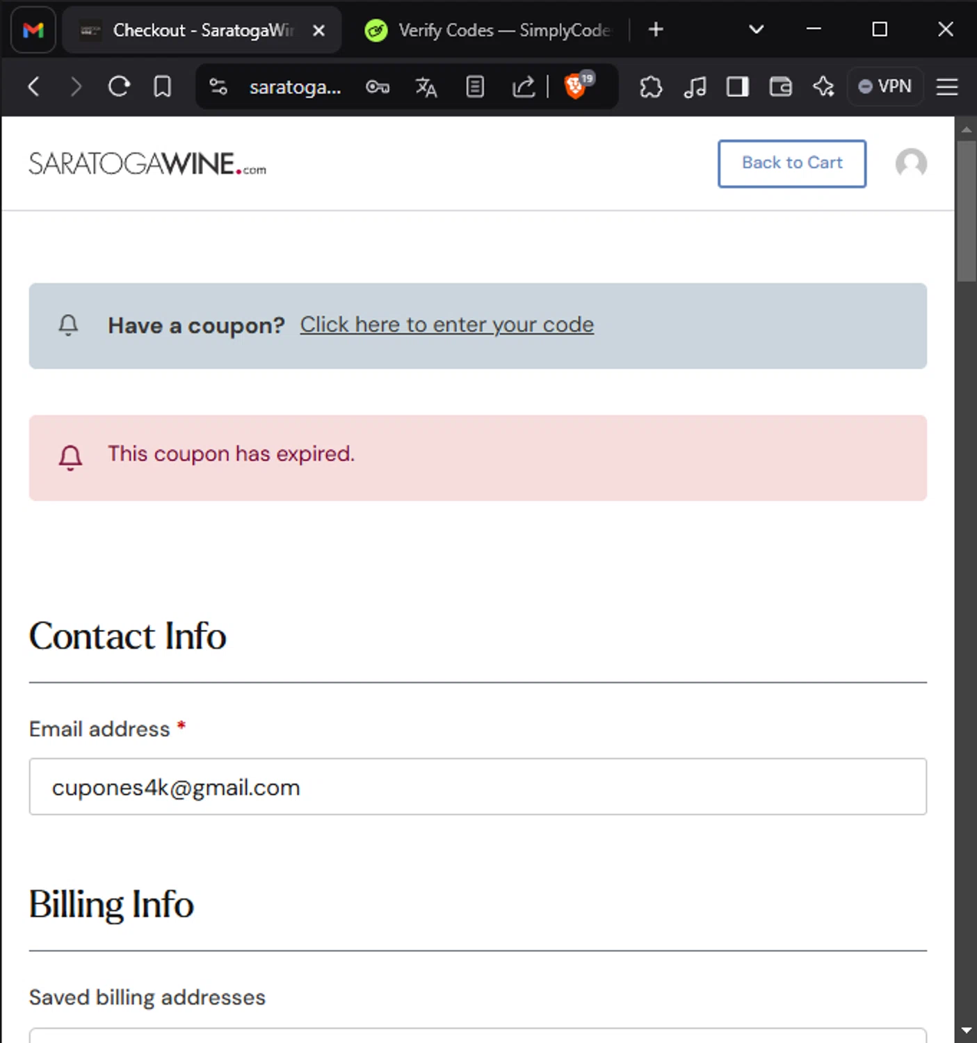 Saratoga Wine Exchange coupon code screenshot showing code MYWINE10 applied at Saratoga Wine Exchange checkout page. Uploaded by SimplyCodes community member Migu_u on Jan 30, 2025