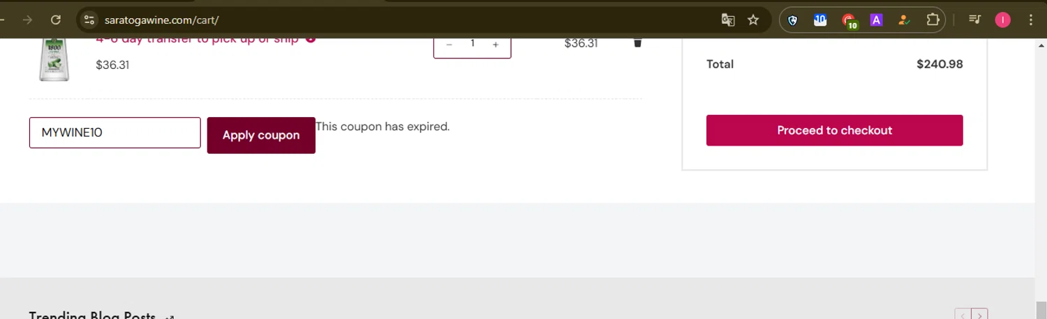 Saratoga Wine Exchange coupon code screenshot showing code MYWINE10 applied at Saratoga Wine Exchange checkout page. Uploaded by SimplyCodes community member CleverLynx5188 on Feb 9, 2025