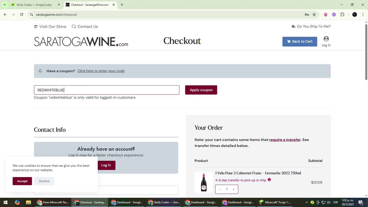 Saratoga Wine Exchange coupon code screenshot showing code REDWHITEBLUE applied at Saratoga Wine Exchange checkout page. Uploaded by SimplyCodes community member CarmenVGR on May 28, 2025