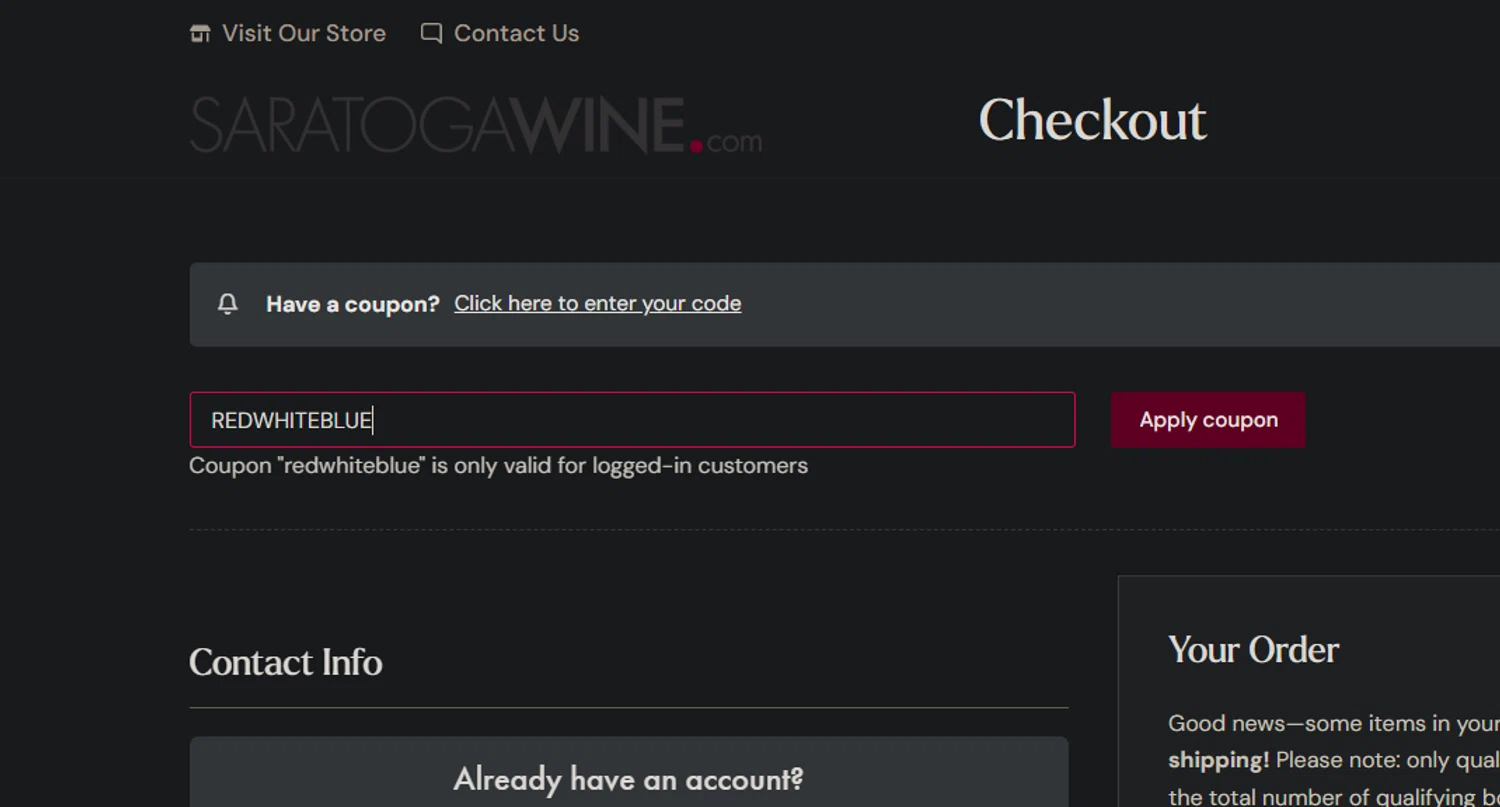 Saratoga Wine Exchange checkout page showing Saratoga Wine Exchange coupon code box | Screenshot taken by SimplyCodes community member on Mar 31, 2025