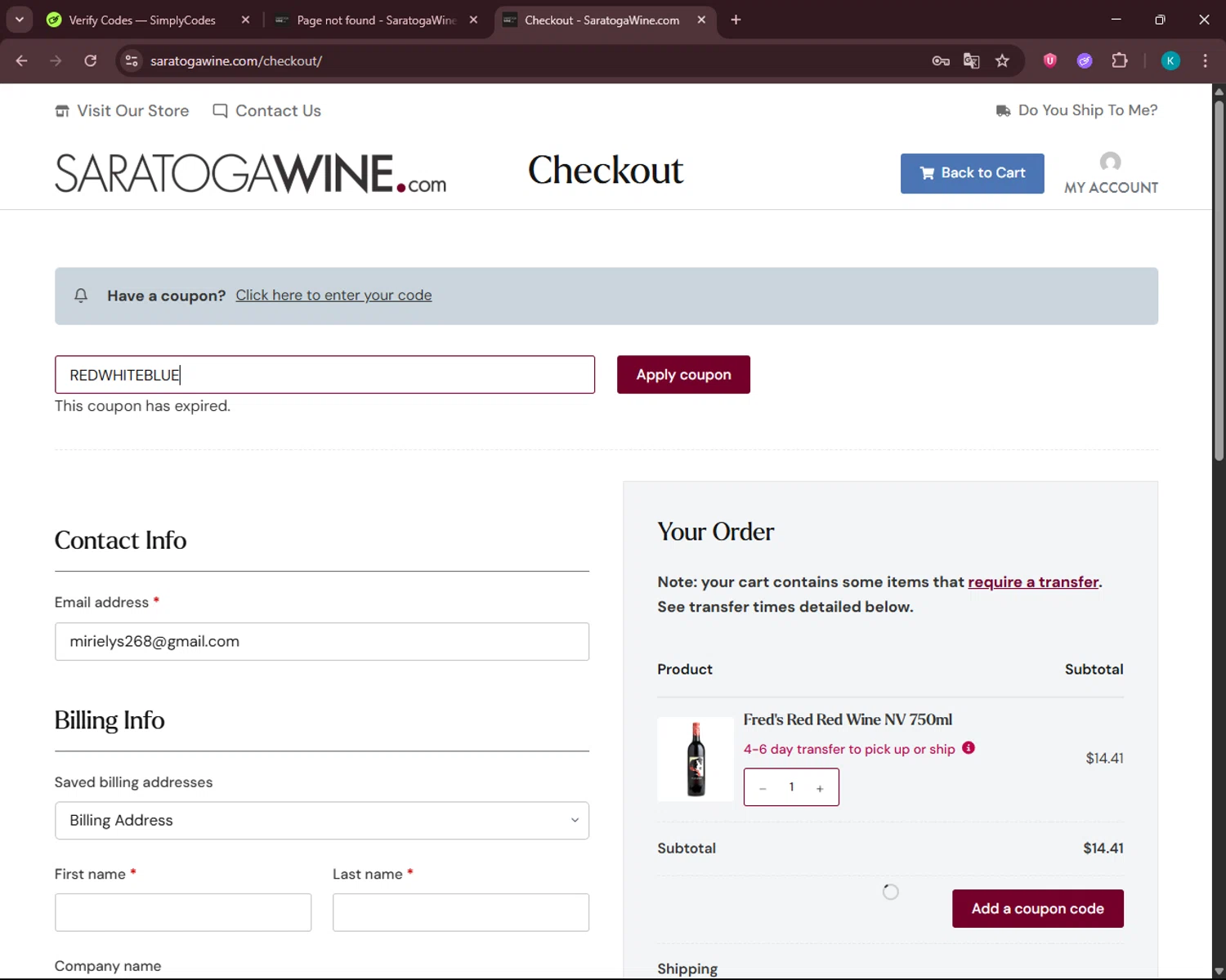 Saratoga Wine Exchange coupon code screenshot showing code REDWHITEBLUE applied at Saratoga Wine Exchange checkout page. Uploaded by SimplyCodes community member VoucherSleuth3236 on May 28, 2025