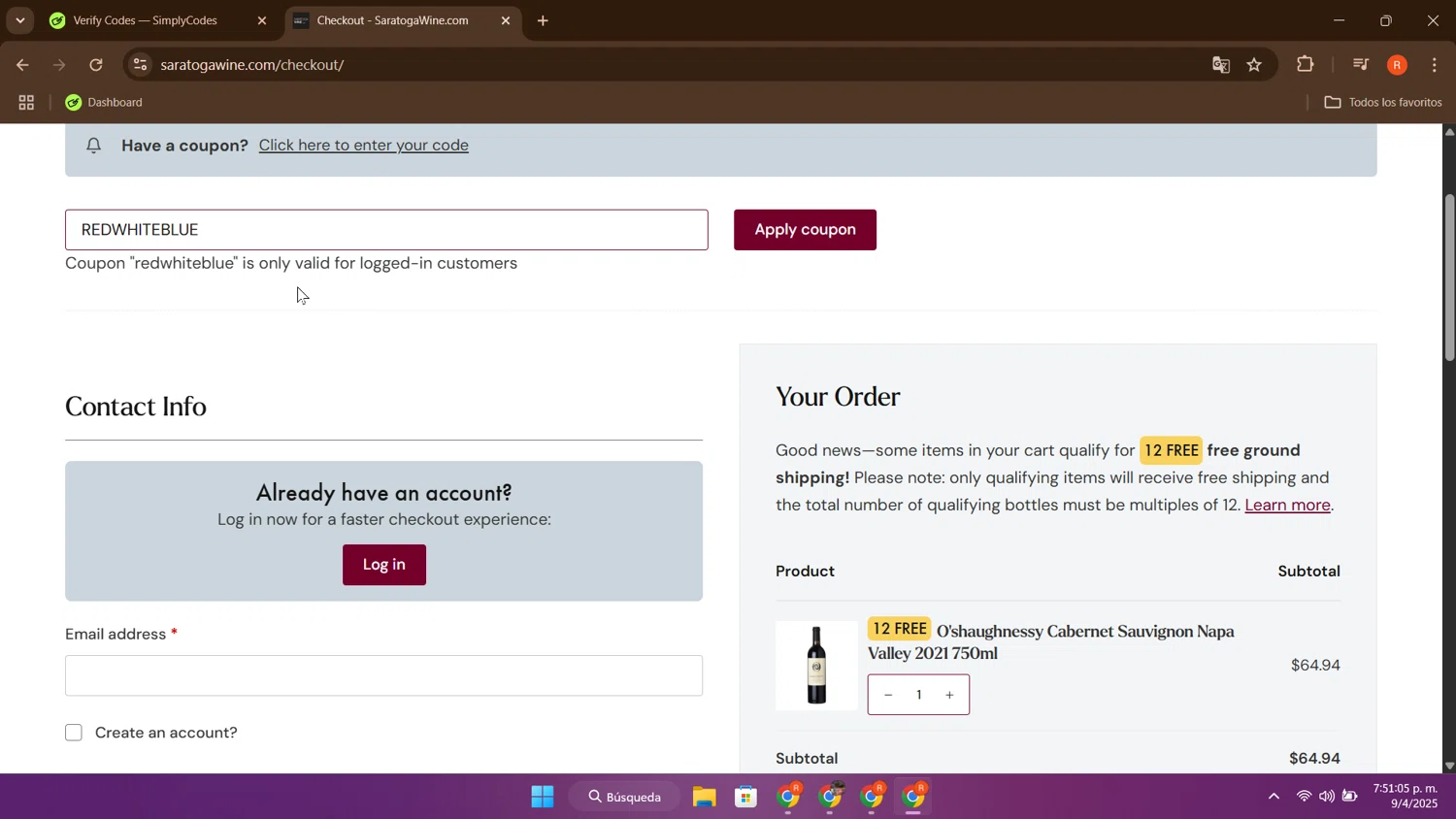 Saratoga Wine Exchange checkout page showing Saratoga Wine Exchange coupon code box | Screenshot taken by SimplyCodes community member on Apr 9, 2025