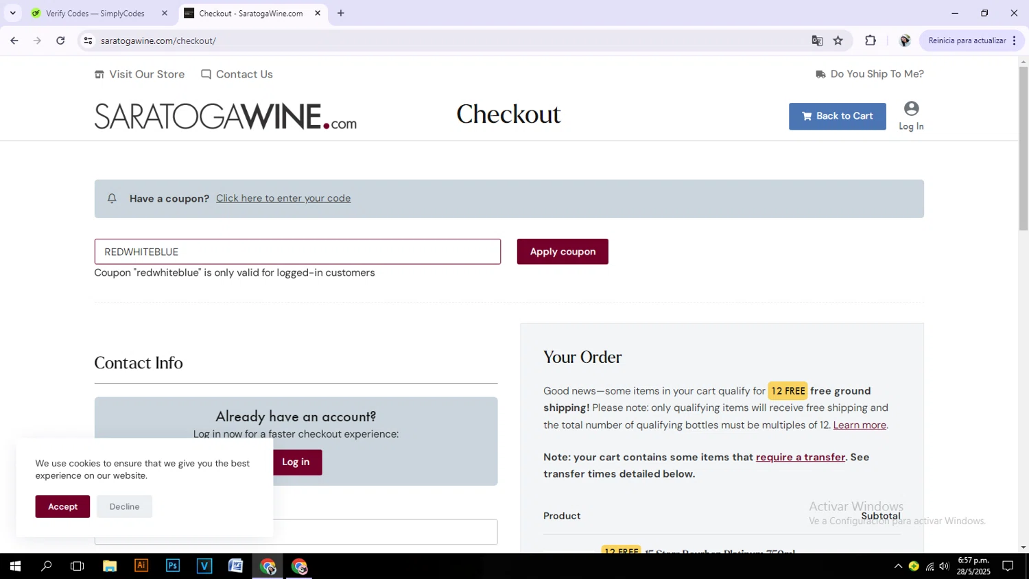 Saratoga Wine Exchange coupon code screenshot showing code REDWHITEBLUE applied at Saratoga Wine Exchange checkout page. Uploaded by SimplyCodes community member girlpink on May 28, 2025