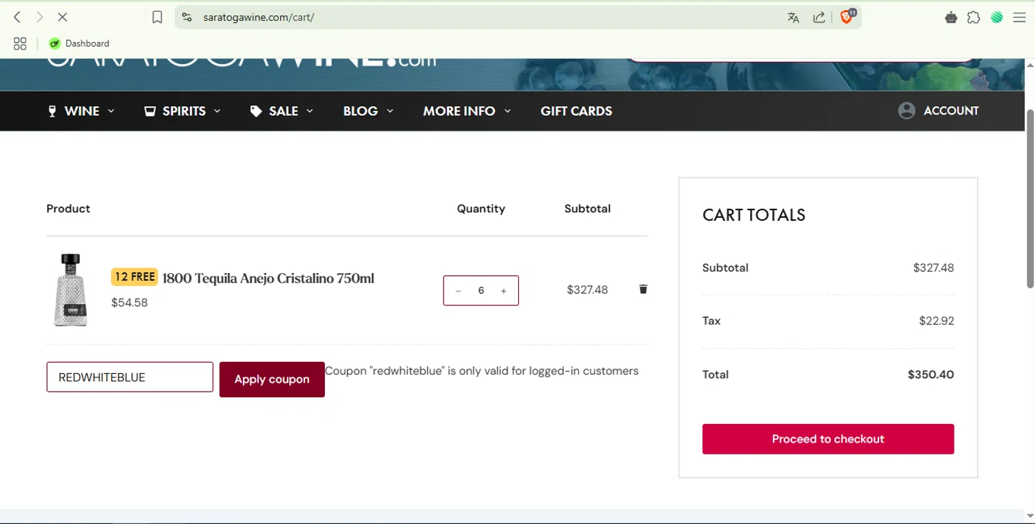 Saratoga Wine Exchange checkout page showing Saratoga Wine Exchange coupon code box | Screenshot taken by SimplyCodes community member on Apr 4, 2025