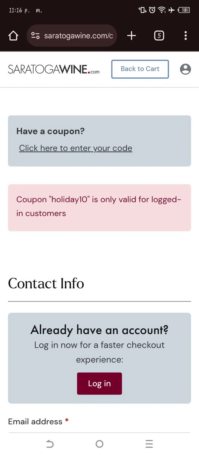 Saratoga Wine Exchange coupon code screenshot showing code Holiday10 applied at Saratoga Wine Exchange checkout page. Uploaded by SimplyCodes community member WonderW on Feb 5, 2025
