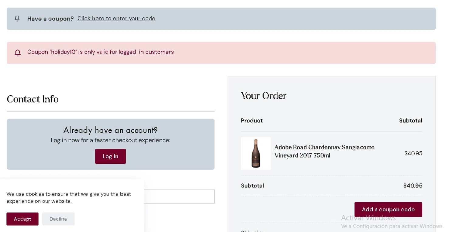 Saratoga Wine Exchange coupon code screenshot showing code Holiday10 applied at Saratoga Wine Exchange checkout page. Uploaded by SimplyCodes community member ThriftyWarden2534 on Feb 5, 2025