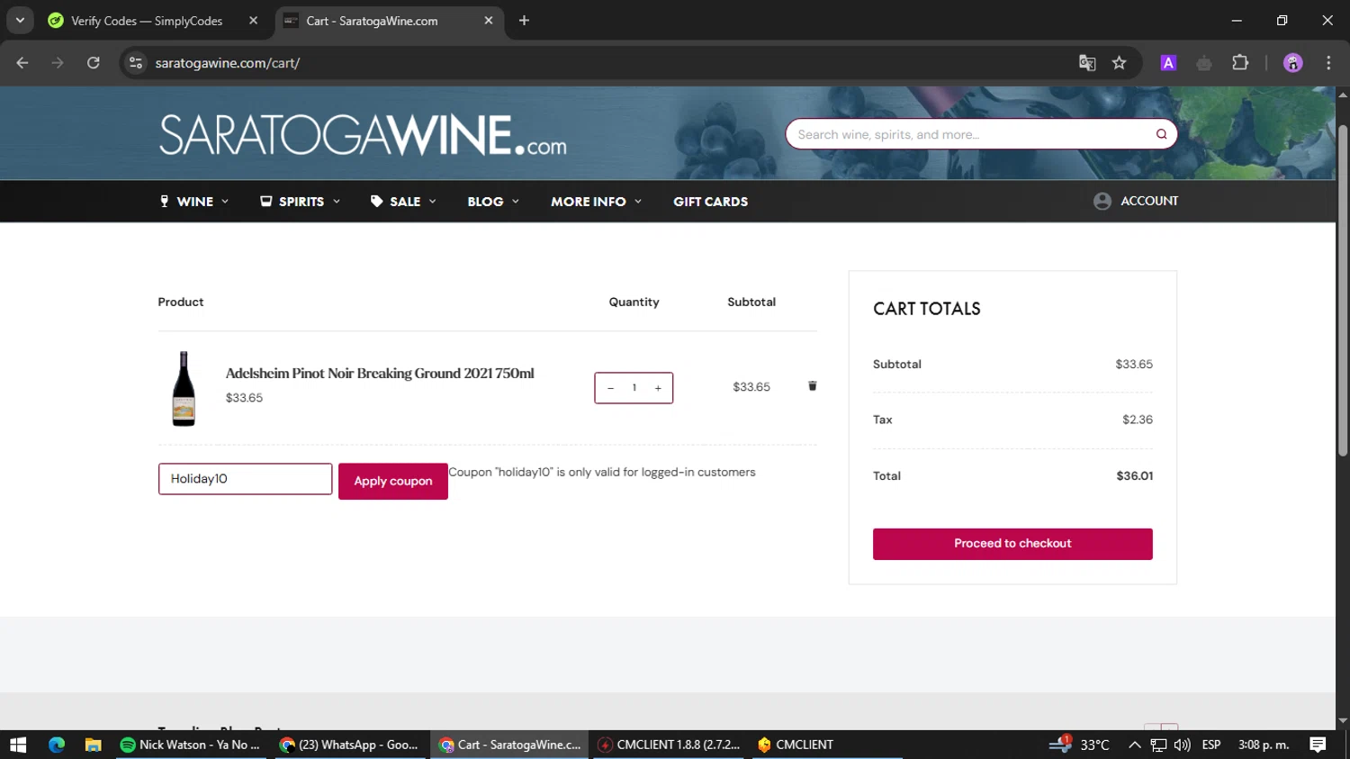 Saratoga Wine Exchange coupon code screenshot showing code Holiday10 applied at Saratoga Wine Exchange checkout page. Uploaded by SimplyCodes community member jesusguqnipatwo on Mar 10, 2025