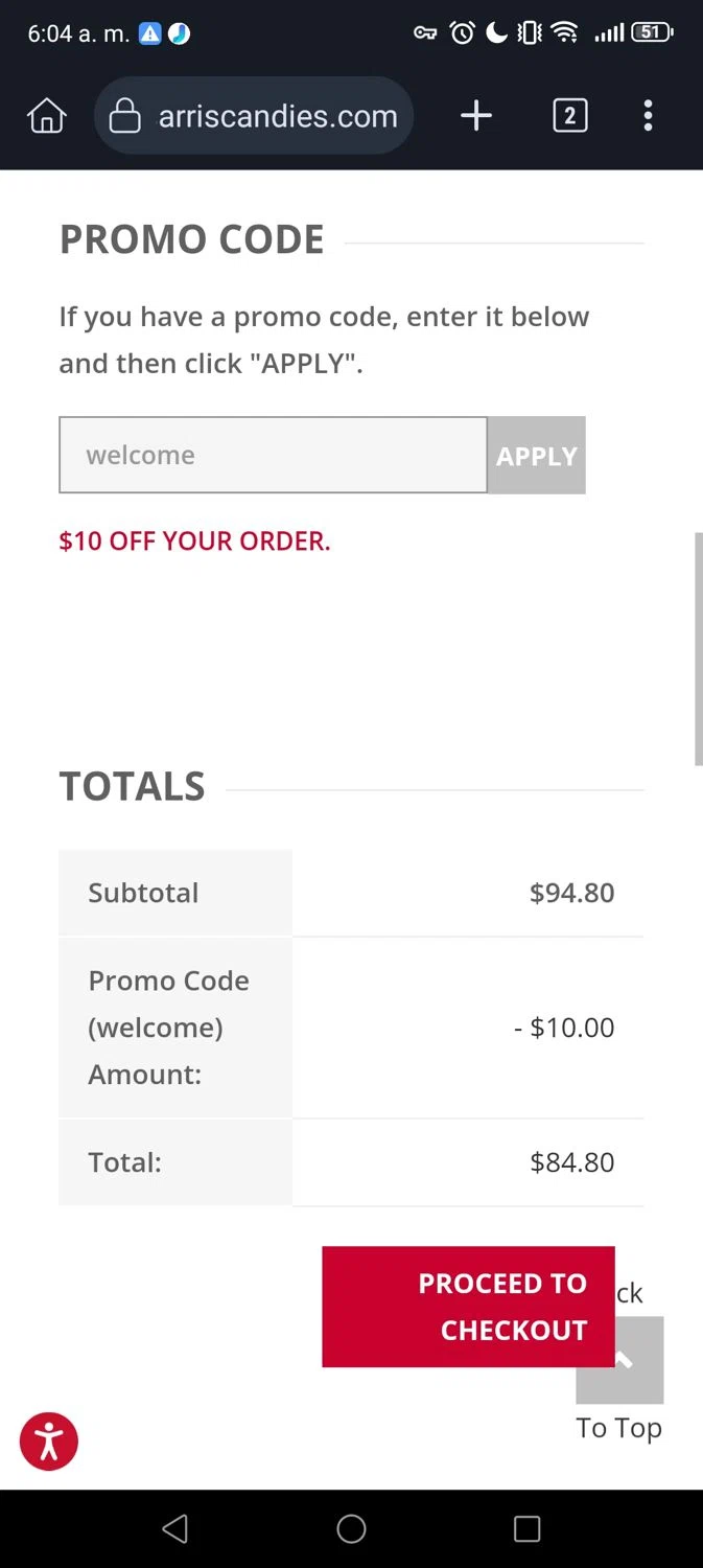 Sarris Candies checkout page showing Sarris Candies promo code box | Screenshot taken by SimplyCodes community member on Mar 28, 2025