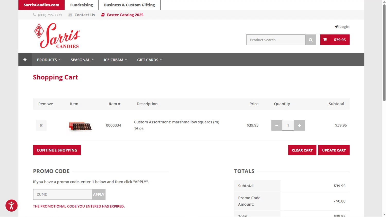 Sarris Candies promo code screenshot showing code CUPID applied at Sarris Candies checkout page. Uploaded by SimplyCodes community member TokioMiller on Mar 7, 2025