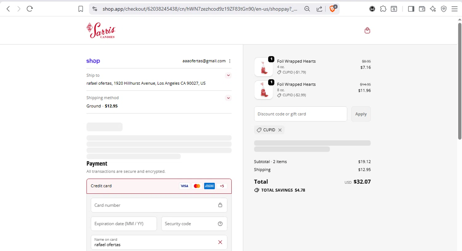 Sarris Candies checkout page showing Sarris Candies promo code box | Screenshot taken by SimplyCodes community member on Jan 24, 2026
