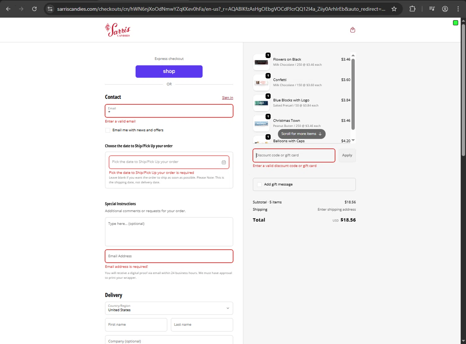 Sarris Candies promo code screenshot showing code MERRY applied at Sarris Candies checkout page. Uploaded by SimplyCodes community member zzzzzzza on Dec 24, 2025