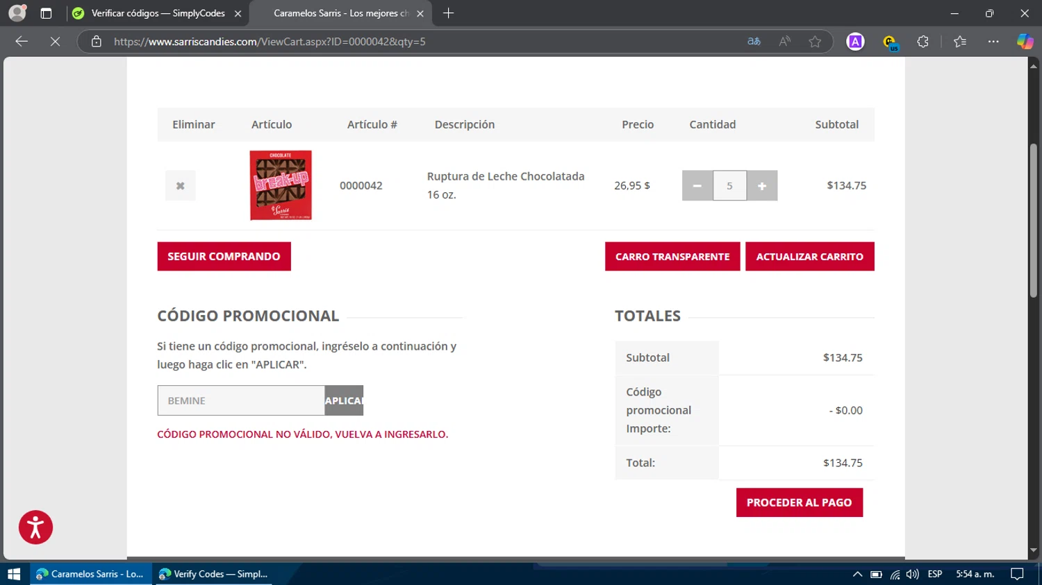 Sarris Candies promo code screenshot showing code BEMINE applied at Sarris Candies checkout page. Uploaded by SimplyCodes community member Billy2222 on Apr 9, 2025