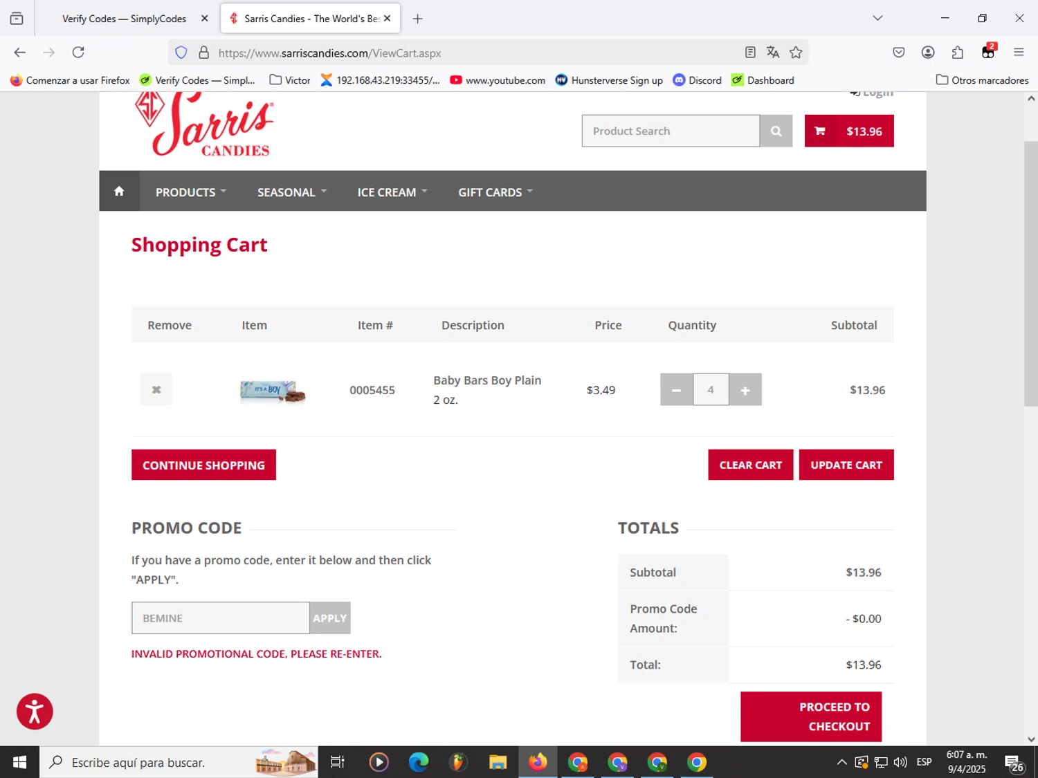 Sarris Candies promo code screenshot showing code BEMINE applied at Sarris Candies checkout page. Uploaded by SimplyCodes community member Garou_Y2K on Apr 9, 2025