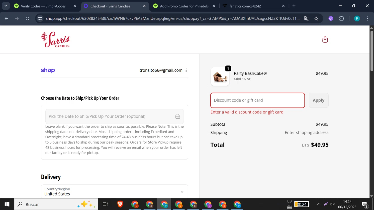 Sarris Candies promo code screenshot showing code GIFT applied at Sarris Candies checkout page. Uploaded by SimplyCodes community member doriangel3 on Dec 6, 2025