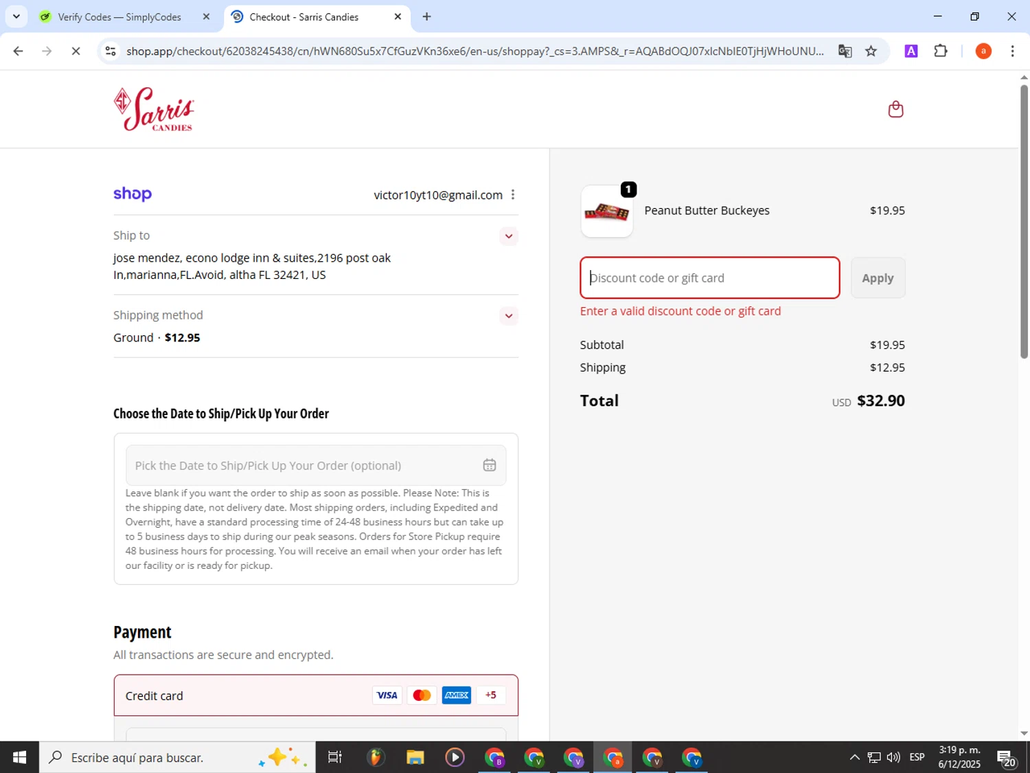 Sarris Candies promo code screenshot showing code GIFT applied at Sarris Candies checkout page. Uploaded by SimplyCodes community member partenalgas on Dec 6, 2025