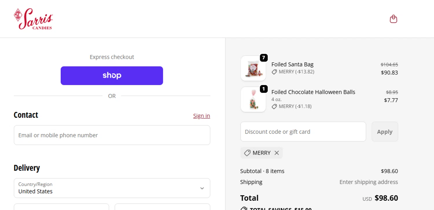 Sarris Candies promo code screenshot showing code MERRY applied at Sarris Candies checkout page. Uploaded by SimplyCodes community member RickhiK on Nov 1, 2025
