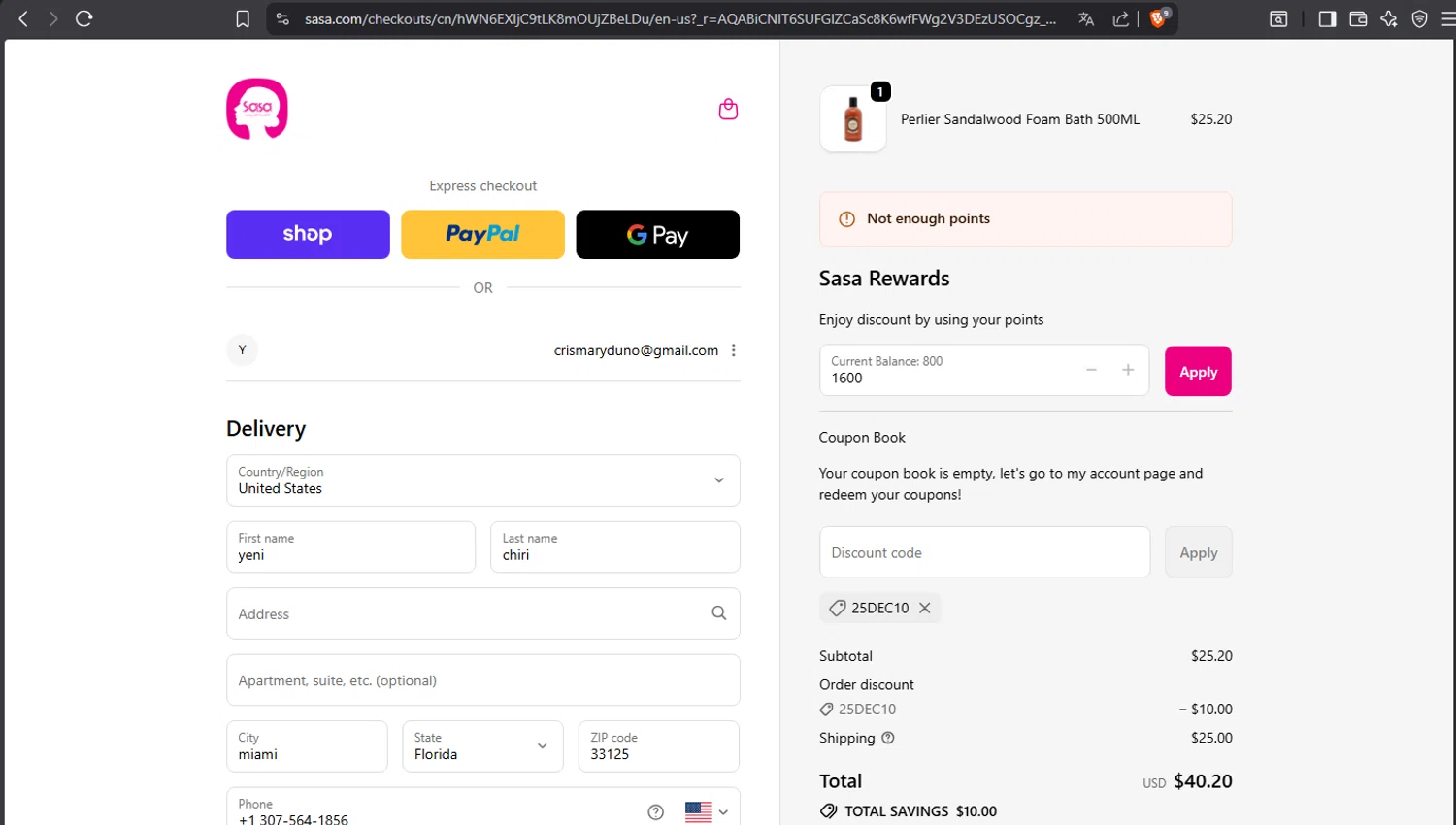 SaSa.com promo code screenshot showing code 25DEC10 applied at SaSa.com checkout page. Uploaded by SimplyCodes community member crischidy25 on Dec 25, 2025