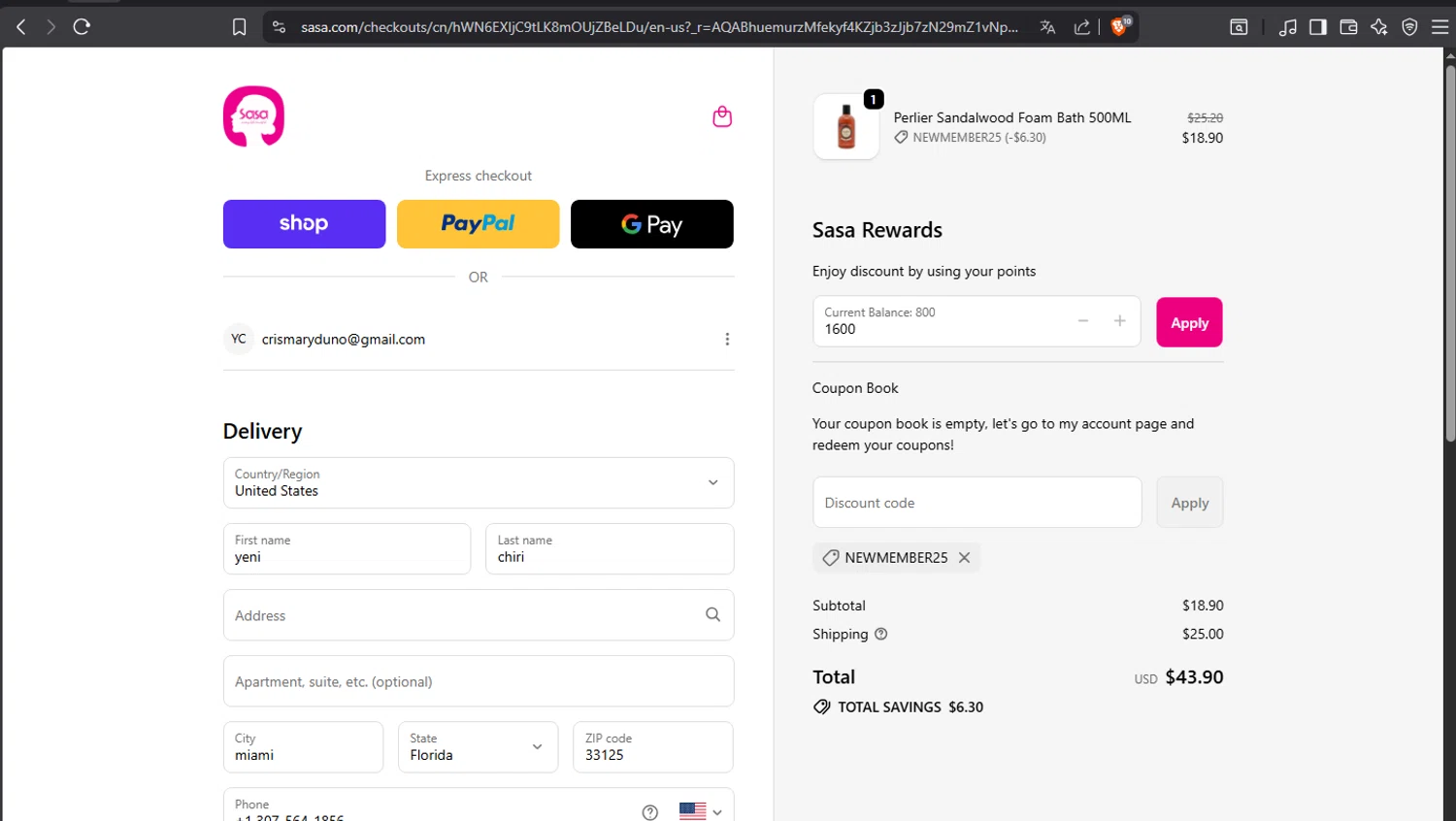 SaSa.com promo code screenshot showing code NEWMEMBER25 applied at SaSa.com checkout page. Uploaded by SimplyCodes community member crischidy25 on Dec 9, 2025