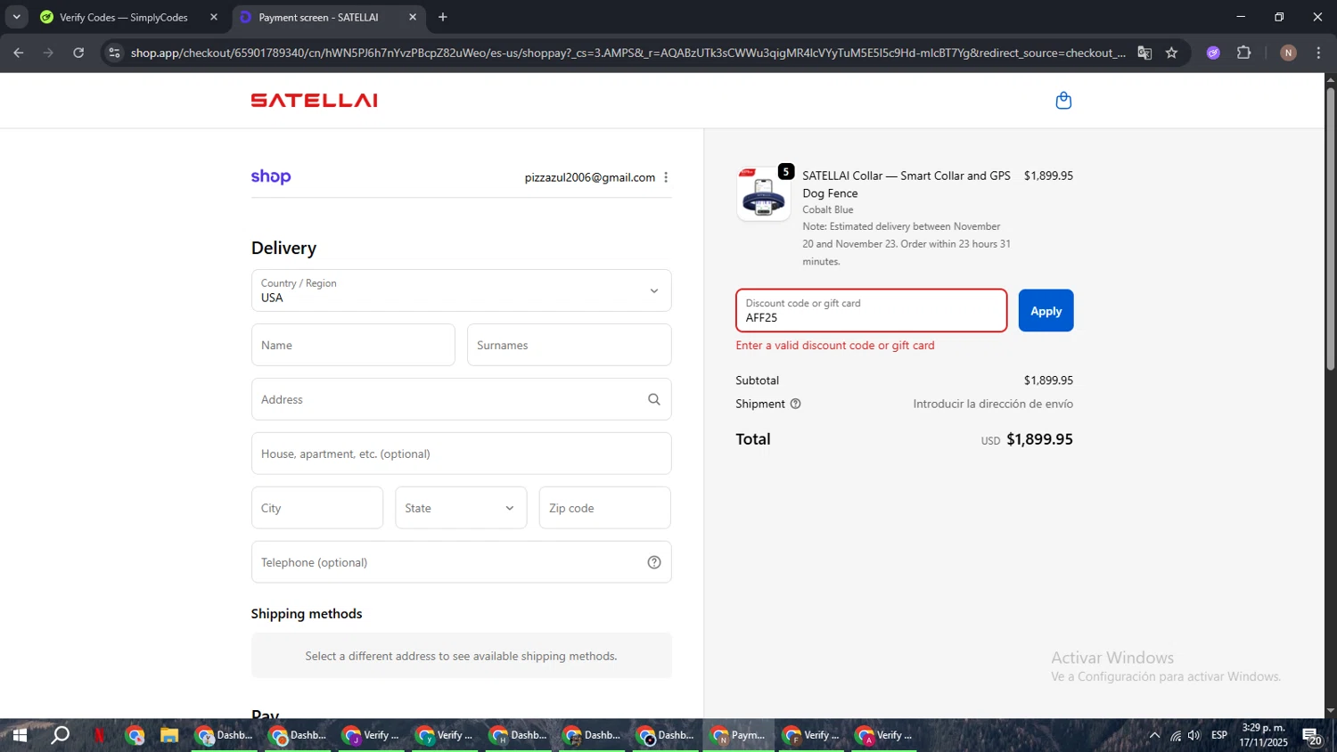 SATELLAI promo code screenshot showing code AFF25 applied at SATELLAI checkout page. Uploaded by SimplyCodes community member DiscountPioneer2554 on Nov 17, 2025