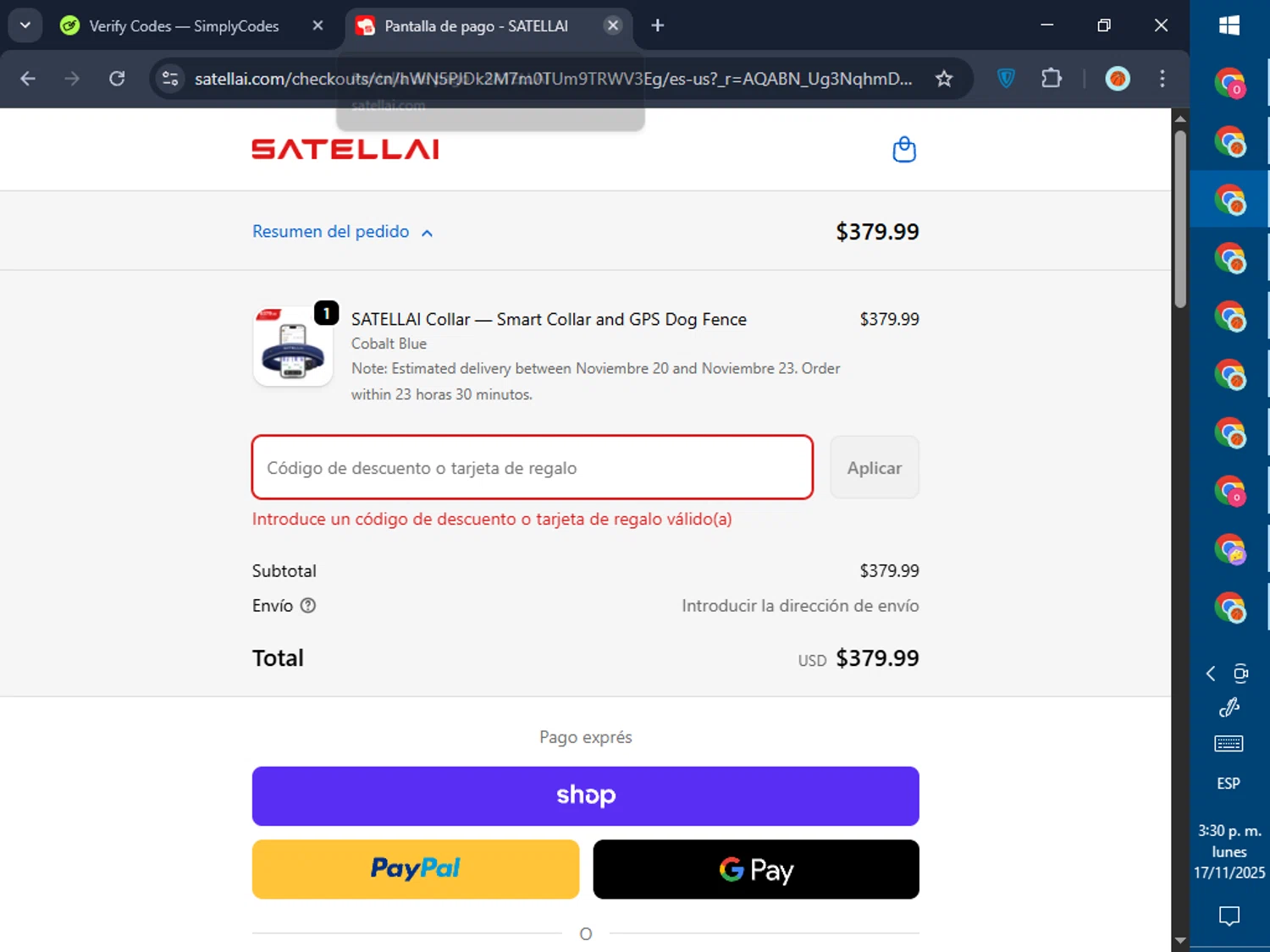 SATELLAI promo code screenshot showing code AFF25 applied at SATELLAI checkout page. Uploaded by SimplyCodes community member GoldPilot5958 on Nov 17, 2025