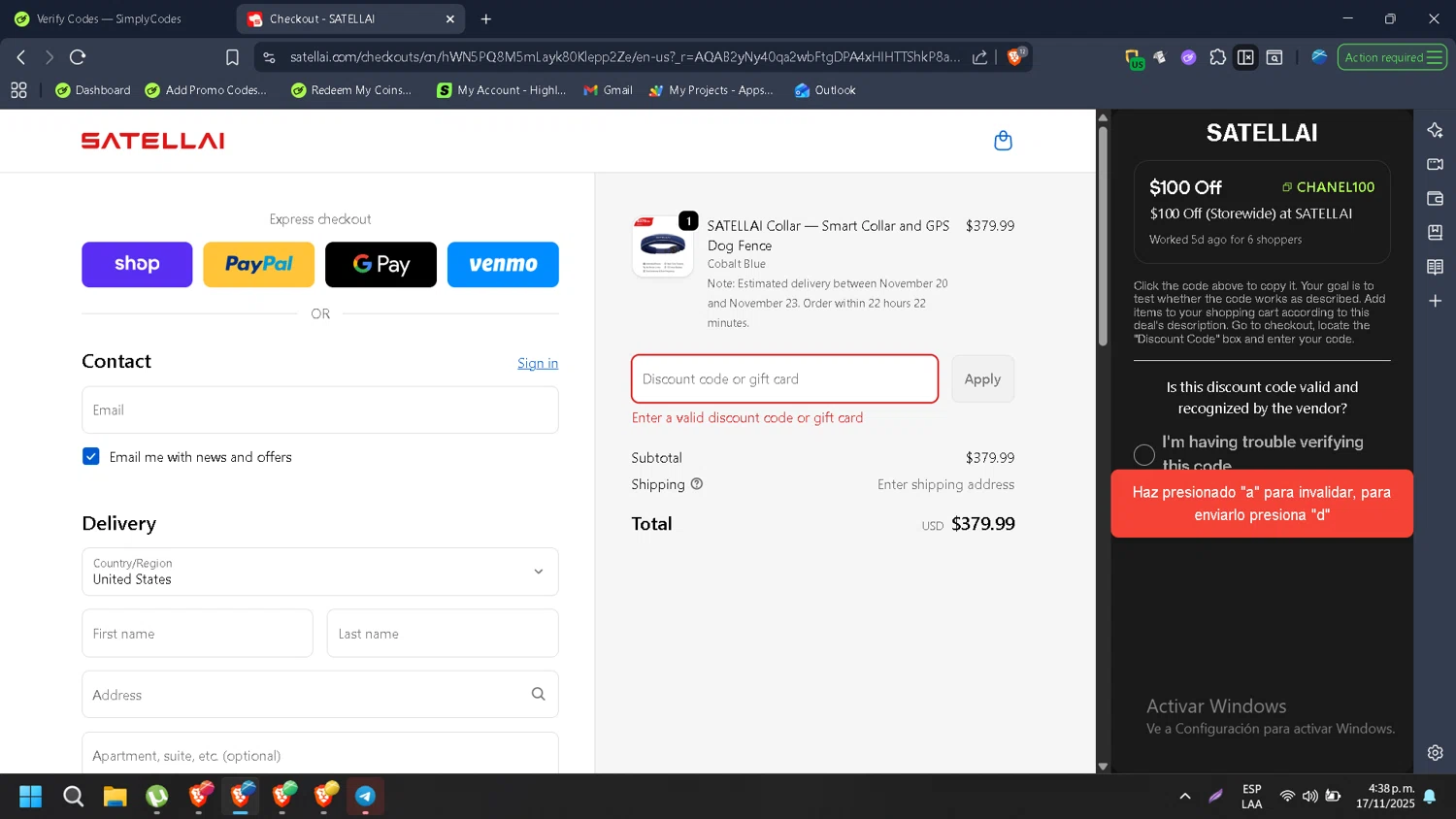 SATELLAI promo code screenshot showing code CHANEL100 applied at SATELLAI checkout page. Uploaded by SimplyCodes community member HugoChavez1 on Nov 17, 2025