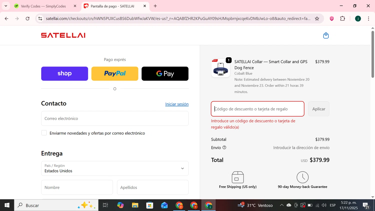 SATELLAI promo code screenshot showing code CHANEL100 applied at SATELLAI checkout page. Uploaded by SimplyCodes community member MoneySpotter5416 on Nov 17, 2025