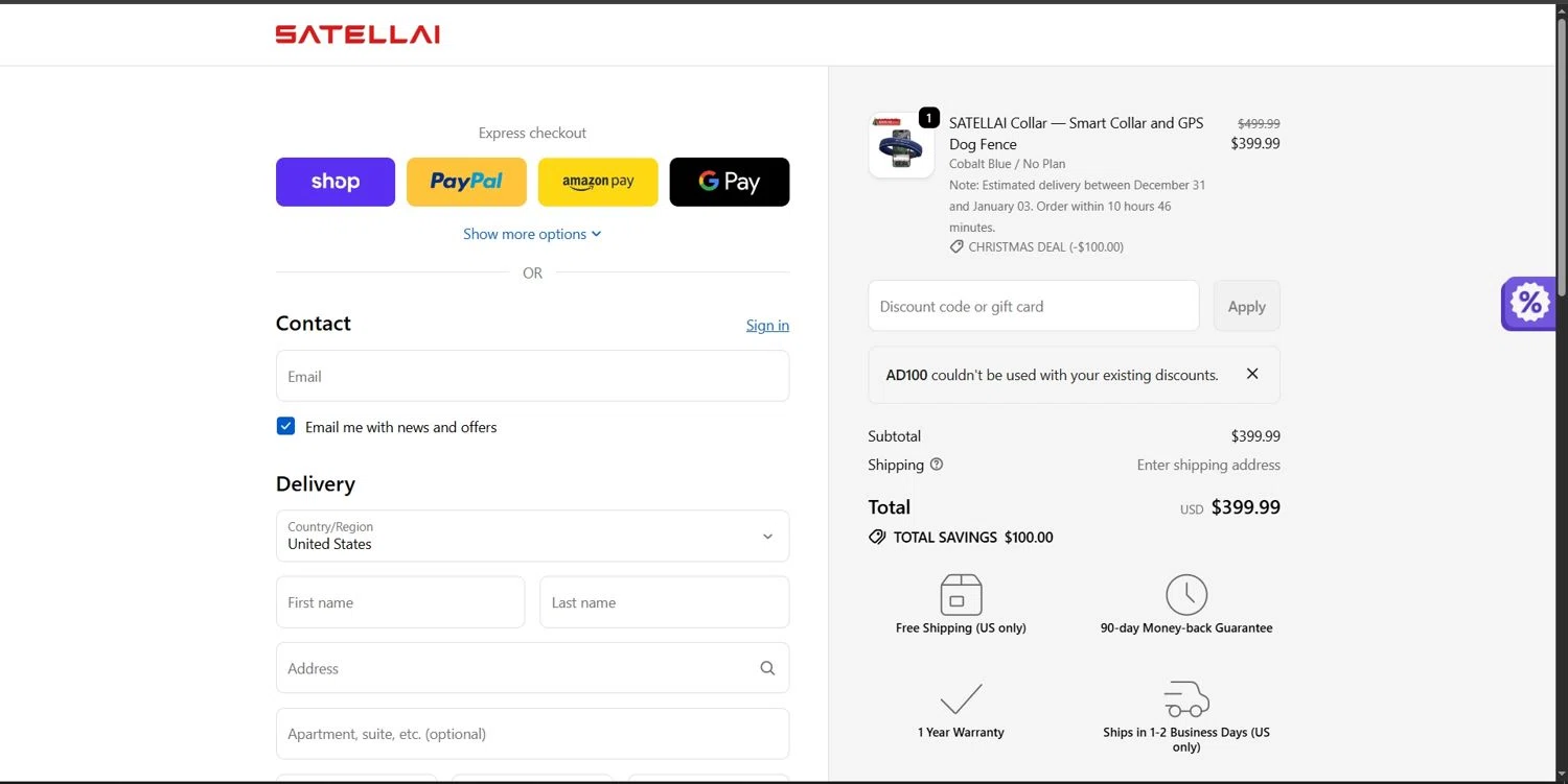 SATELLAI promo code screenshot showing code AD100 applied at SATELLAI checkout page. Uploaded by SimplyCodes community member Depressive on Dec 28, 2025