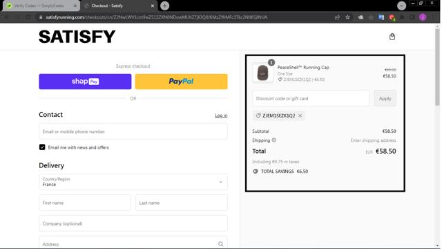Satisfy checkout page showing Satisfy promo code box | Screenshot taken by SimplyCodes community member on May 24, 2024