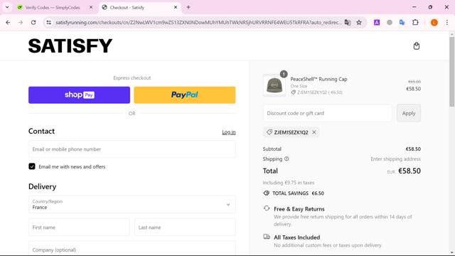 Satisfy checkout page showing Satisfy promo code box | Screenshot taken by SimplyCodes community member on May 4, 2024