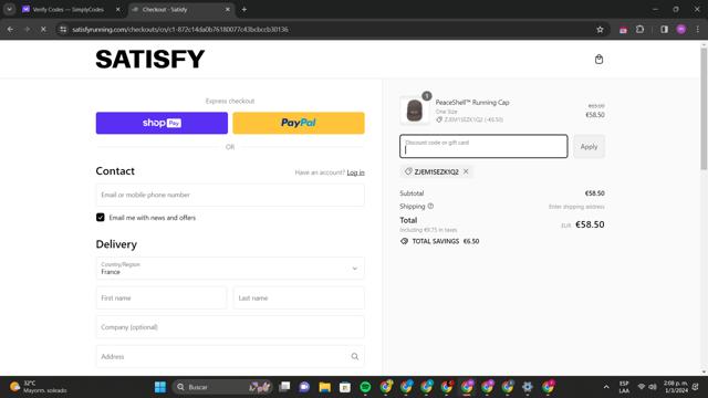 Satisfy checkout page showing Satisfy promo code box | Screenshot taken by SimplyCodes community member on Mar 1, 2024