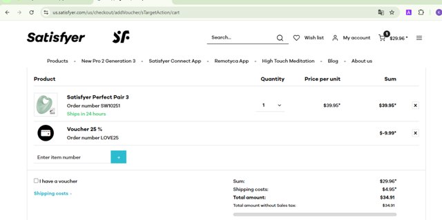 Satisfyer checkout page showing Satisfyer coupon code box | Screenshot taken by SimplyCodes community member on Nov 23, 2024