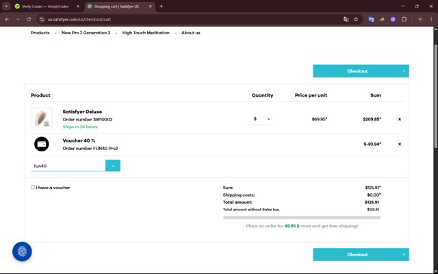 Satisfyer checkout page showing Satisfyer coupon code box | Screenshot taken by SimplyCodes community member on Jul 6, 2025