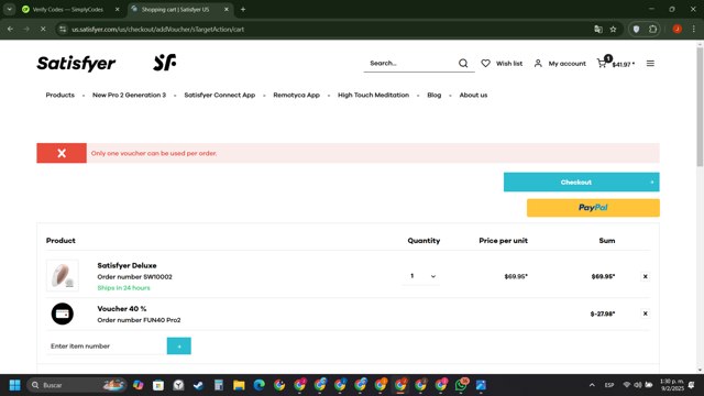 Satisfyer checkout page showing Satisfyer coupon code box | Screenshot taken by SimplyCodes community member on Feb 9, 2025