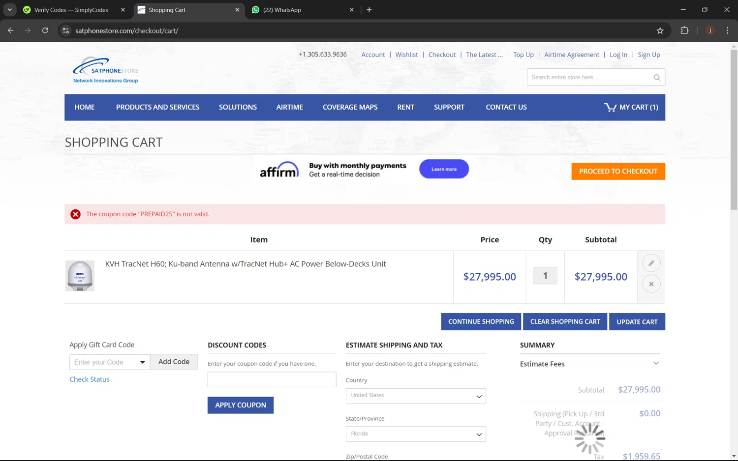 SatPhoneStore coupon code screenshot showing code PREPAID25 applied at SatPhoneStore checkout page. Uploaded by SimplyCodes community member juanx1702 on Dec 28, 2024