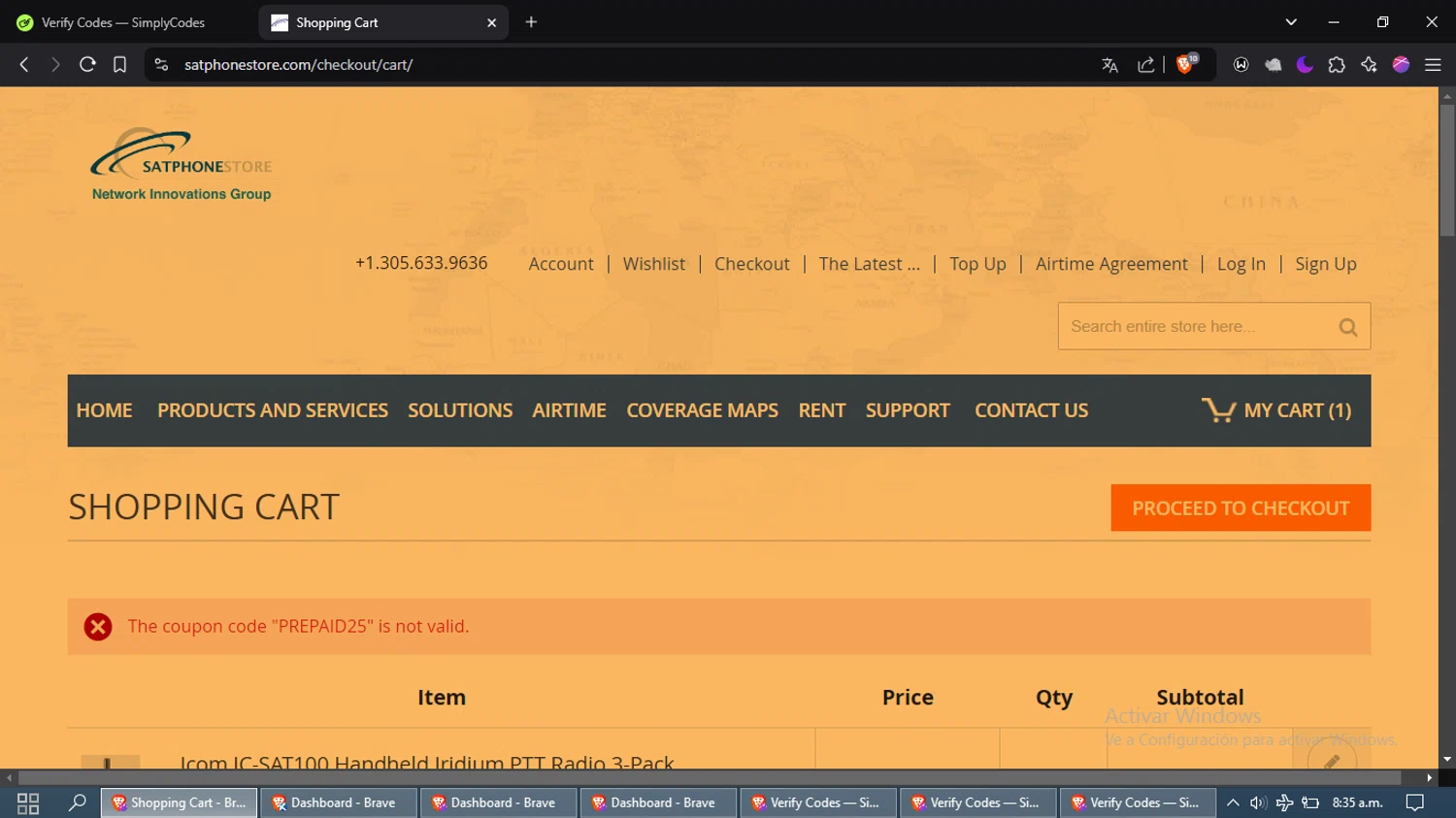 SatPhoneStore coupon code screenshot showing code PREPAID25 applied at SatPhoneStore checkout page. Uploaded by SimplyCodes community member laleyjose on Dec 28, 2024