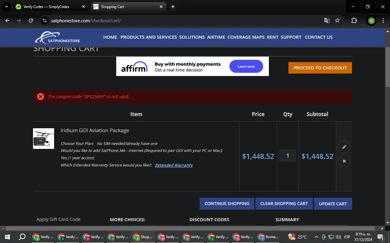 SatPhoneStore coupon code screenshot showing code SPS25OFF applied at SatPhoneStore checkout page. Uploaded by SimplyCodes community member SUZUKIV on Dec 31, 2024