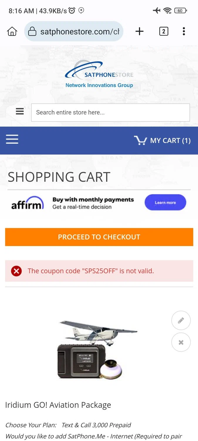 SatPhoneStore coupon code screenshot showing code SPS25OFF applied at SatPhoneStore checkout page. Uploaded by SimplyCodes community member _____________ on Dec 31, 2024