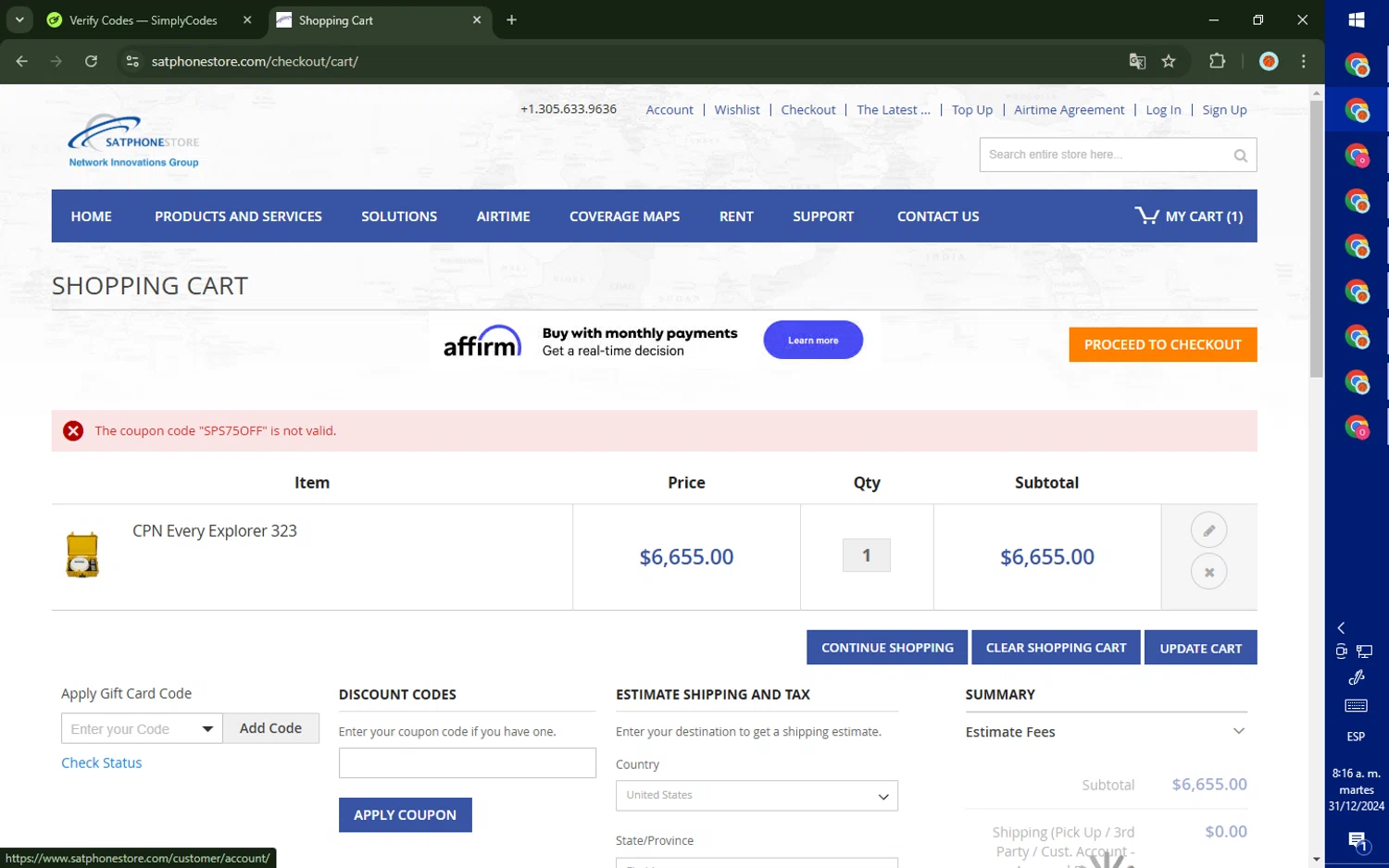 SatPhoneStore coupon code screenshot showing code SPS75OFF applied at SatPhoneStore checkout page. Uploaded by SimplyCodes community member DealTiger9869 on Dec 31, 2024