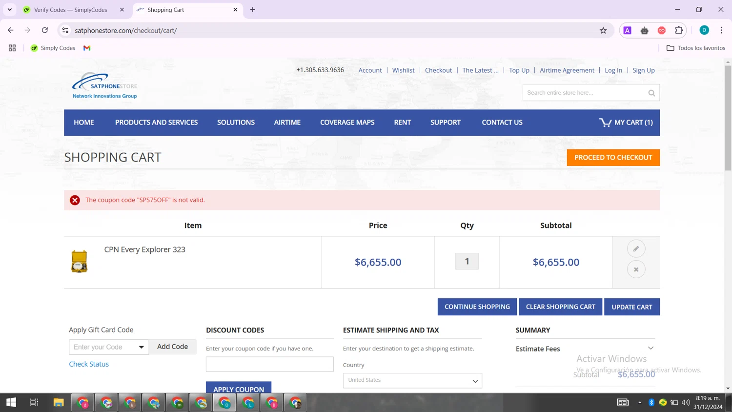SatPhoneStore coupon code screenshot showing code SPS75OFF applied at SatPhoneStore checkout page. Uploaded by SimplyCodes community member BudgetSeeker9524 on Dec 31, 2024