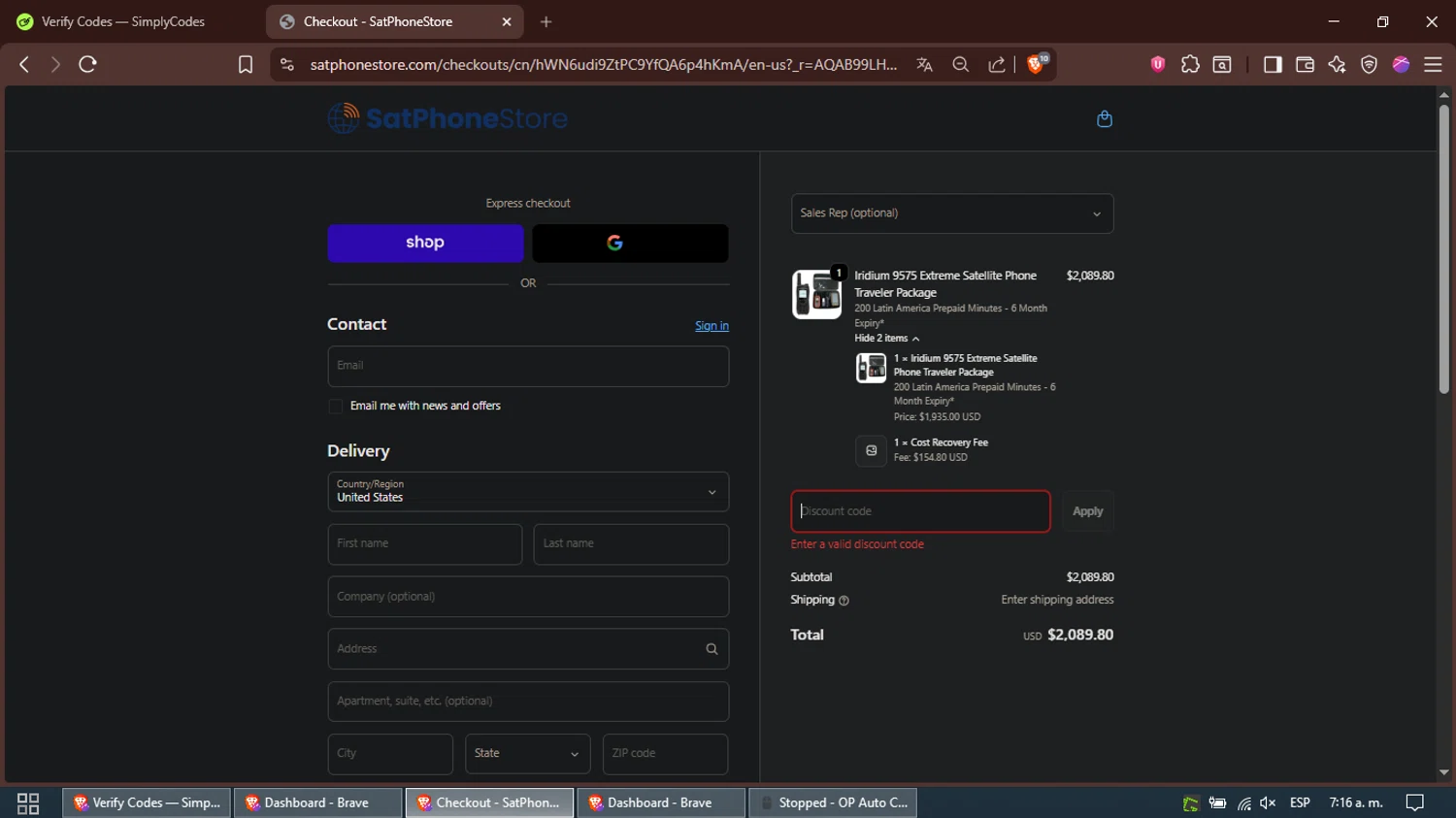 SatPhoneStore coupon code screenshot showing code AIRTIME25 applied at SatPhoneStore checkout page. Uploaded by SimplyCodes community member Alfred on Dec 27, 2025