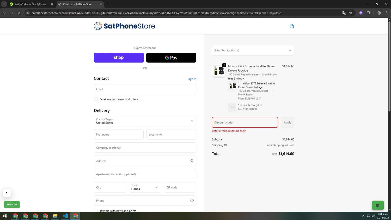 SatPhoneStore coupon code screenshot showing code AIRTIME25 applied at SatPhoneStore checkout page. Uploaded by SimplyCodes community member MRYORMAN on Dec 27, 2025