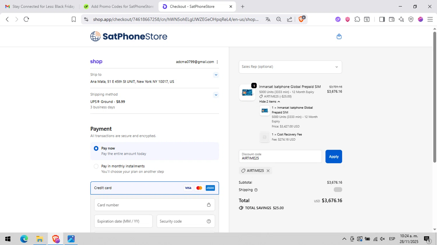 SatPhoneStore coupon code screenshot showing code AIRTIME25 applied at SatPhoneStore checkout page. Uploaded by SimplyCodes community member peachee on Nov 28, 2025