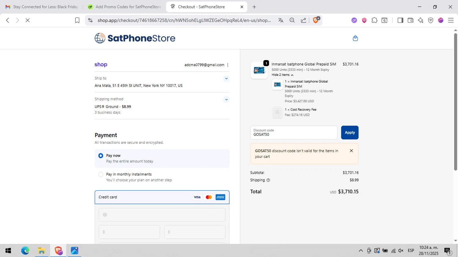 SatPhoneStore coupon code screenshot showing code GOSAT50 applied at SatPhoneStore checkout page. Uploaded by SimplyCodes community member peachee on Nov 28, 2025