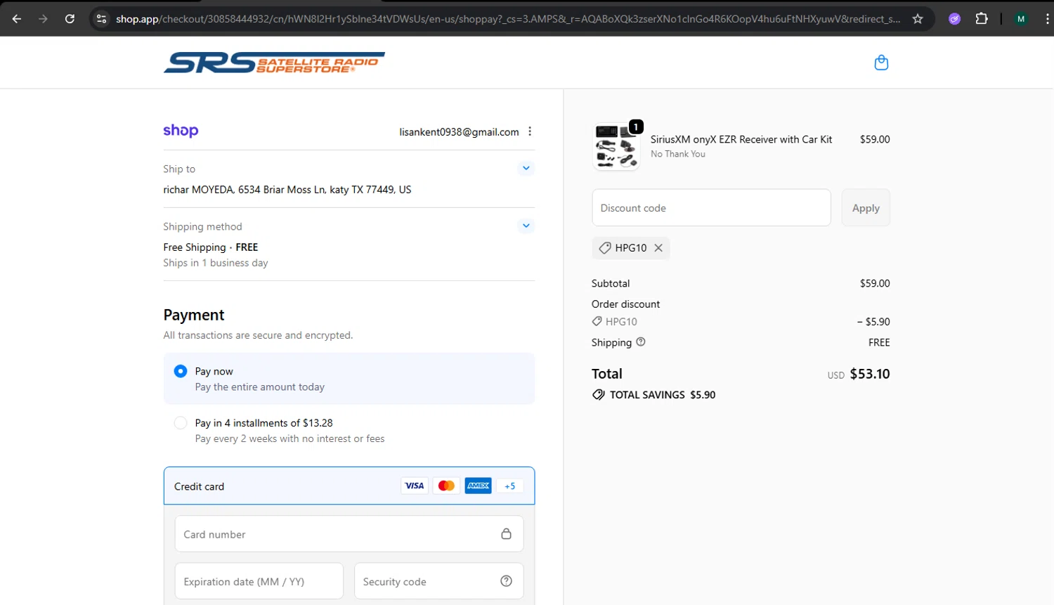 Satellite Radio Superstore checkout page showing Satellite Radio Superstore coupon code box | Screenshot taken by SimplyCodes community member on Feb 14, 2026