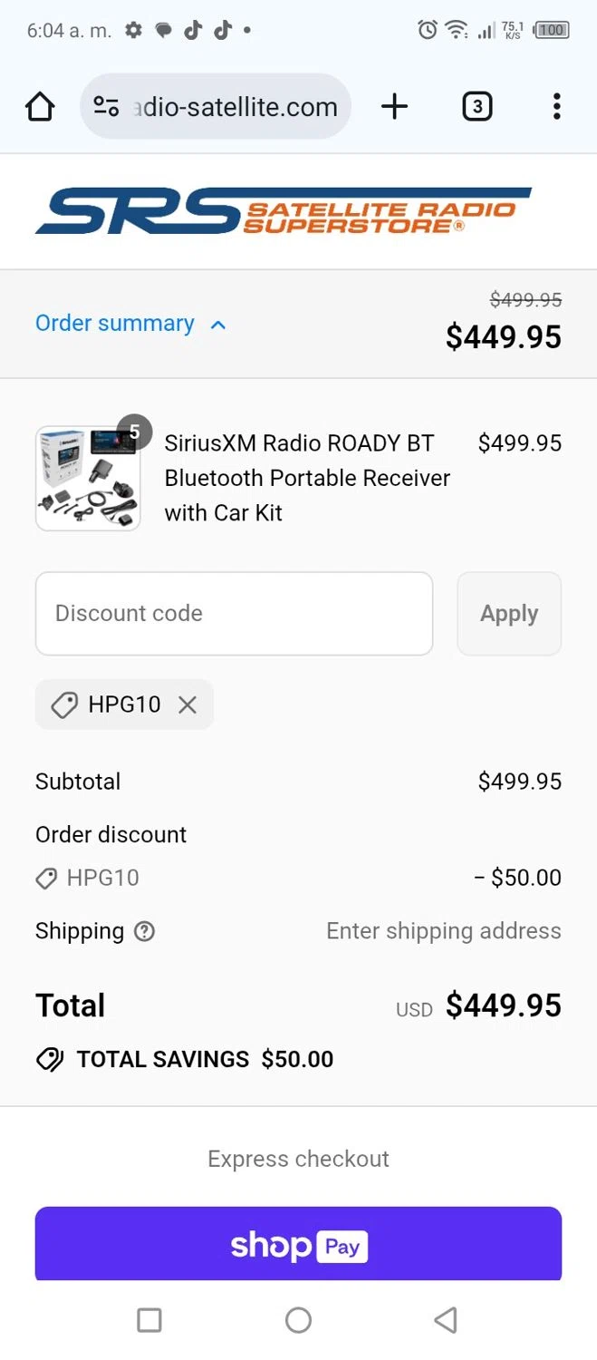 Satellite Radio Superstore coupon code screenshot showing code HPG10 applied at Satellite Radio Superstore checkout page. Uploaded by SimplyCodes community member Kikaaa on Jul 19, 2025