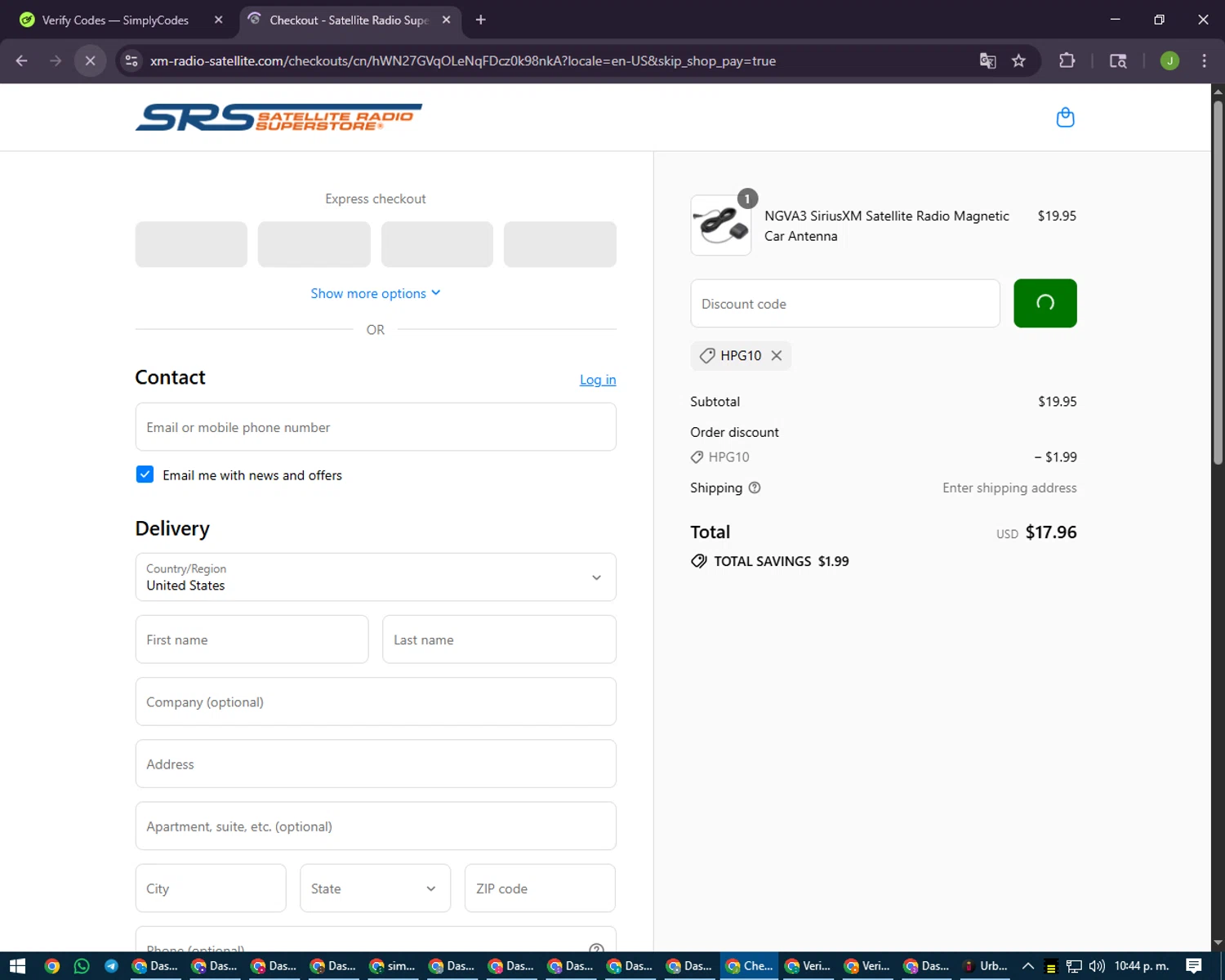 Satellite Radio Superstore coupon code screenshot showing code HPG10 applied at Satellite Radio Superstore checkout page. Uploaded by SimplyCodes community member LilBaby on Aug 23, 2025