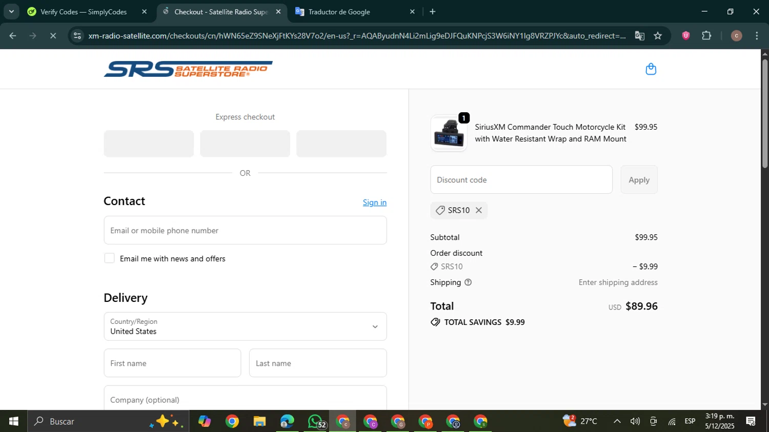 Satellite Radio Superstore coupon code screenshot showing code SRS10 applied at Satellite Radio Superstore checkout page. Uploaded by SimplyCodes community member NobleExpert6497 on Dec 5, 2025