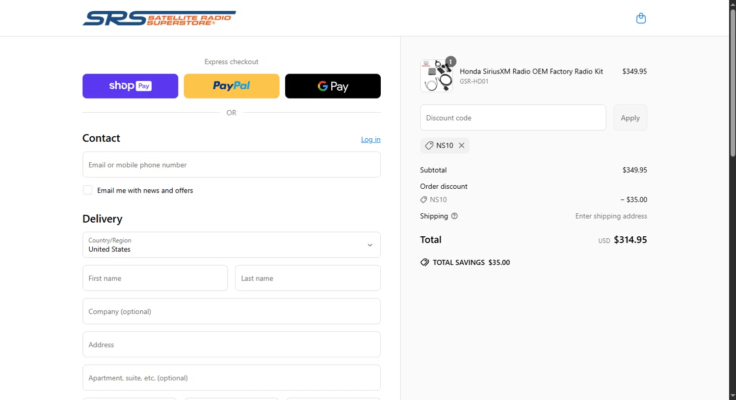 Satellite Radio Superstore coupon code screenshot showing code NS10 applied at Satellite Radio Superstore checkout page. Uploaded by SimplyCodes community member GoldPhoenix3793 on Jun 19, 2025