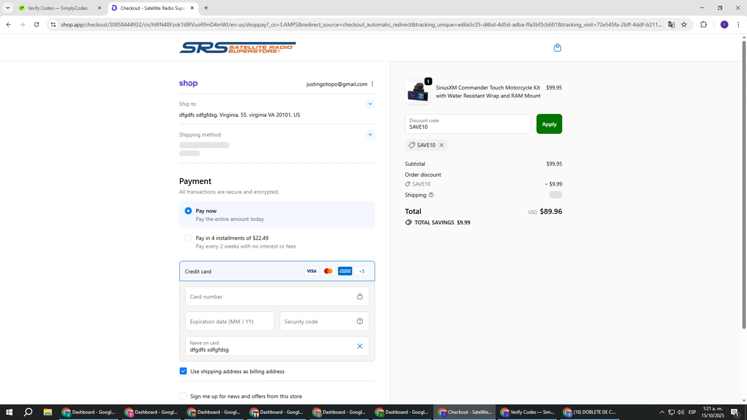 Satellite Radio Superstore coupon code screenshot showing code SAVE10 applied at Satellite Radio Superstore checkout page. Uploaded by SimplyCodes community member AberthGotopo on Oct 15, 2025