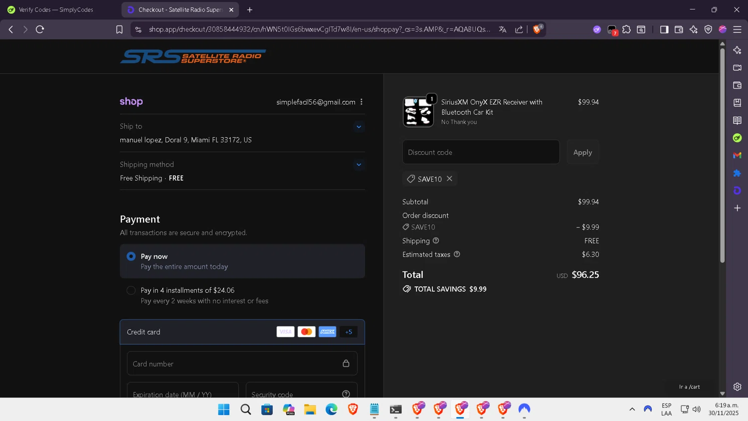 Satellite Radio Superstore coupon code screenshot showing code SAVE10 applied at Satellite Radio Superstore checkout page. Uploaded by SimplyCodes community member NobleLegend6162 on Nov 30, 2025